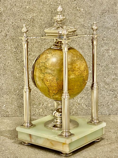 ANTIQUE TERRESTRIAL GLOBE CLOCK SILVER AND PALE ONYX FRENCH CIRCA 1890 - ADDITIONAL PHOTO 15