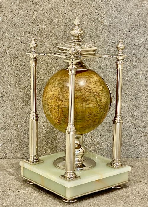 ANTIQUE TERRESTRIAL GLOBE CLOCK SILVER AND PALE ONYX FRENCH CIRCA 1890 - ADDITIONAL PHOTO 16