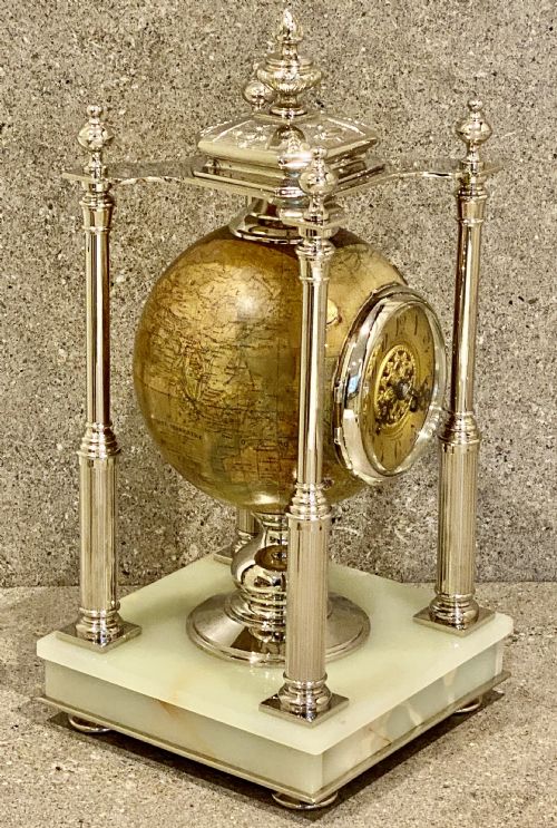 ANTIQUE TERRESTRIAL GLOBE CLOCK SILVER AND PALE ONYX FRENCH CIRCA 1890 - ADDITIONAL PHOTO 18