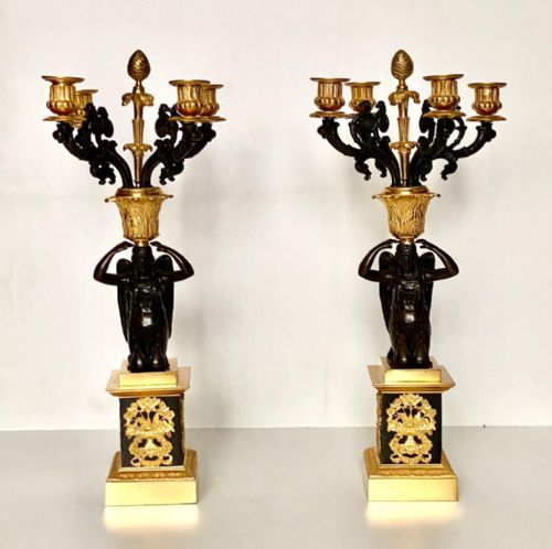 A LARGE PAIR OF EARLY 19TH CENTURY FRENCH EMPIRE BRONZE ORMOLU FOURLIGHT CANDELABRUMS - ADDITIONAL PHOTO 1