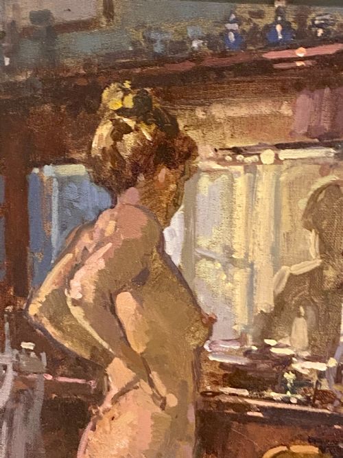 JOHN MARTIN 1957 RBA IMPRESSIONIST NUDE OIL PAINTING SIGNED BELLA AT THE DRESSER - ADDITIONAL PHOTO 5