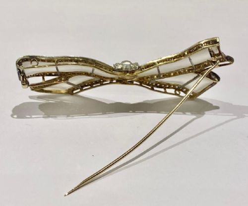 A LARGE IMPRESSIVE ROCK CRYSTAL 18K GOLD 3 CARAT DIAMOND BOW BROOCH CIRCA 1920 - ADDITIONAL PHOTO 13