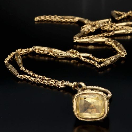 victorian 15ct gold fancy link long guard chain citrine fob - CATEGORY: ANTIQUE JEWELLERY - DATED VICTORIAN