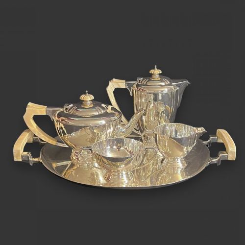 ART DECO STERLING SILVER IVORY TEA AND COFFEE SERVICE WITH MATCHING TRAY BY EDWARD BARNARD 1939 - ADDITIONAL PHOTO 1