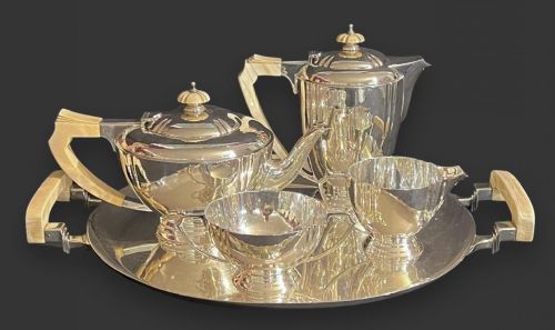ART DECO STERLING SILVER IVORY TEA AND COFFEE SERVICE WITH MATCHING TRAY BY EDWARD BARNARD 1939 - ADDITIONAL PHOTO 11