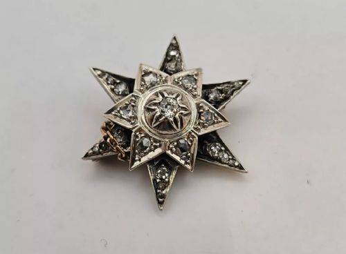 ANTIQUE VICTORIAN SILVER SET OLD CUT DIAMOND STAR BURST BROOCH - ADDITIONAL PHOTO 1