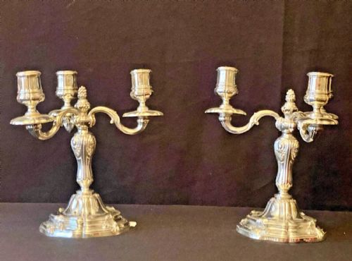 PAIR 19TH C ANTIQUE FRENCH ODIOT PARIS STERLING SILVER THREE LIGHT CANDELABRA