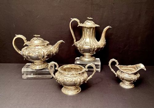 antique victorian sterling silver 4 piece tea set london 1846 by william hunter - CATEGORY: ANTIQUE SILVER - DATED 1850