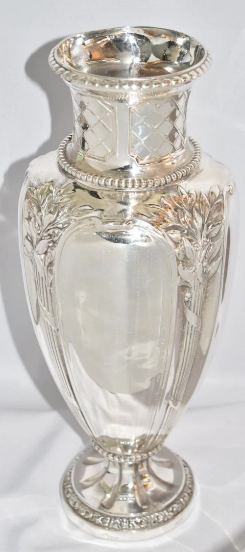 GALLIACHRISTOFLE SILVER PLATED VASE W RAISED LEAF AND STEM FOLIAGE DESIGN