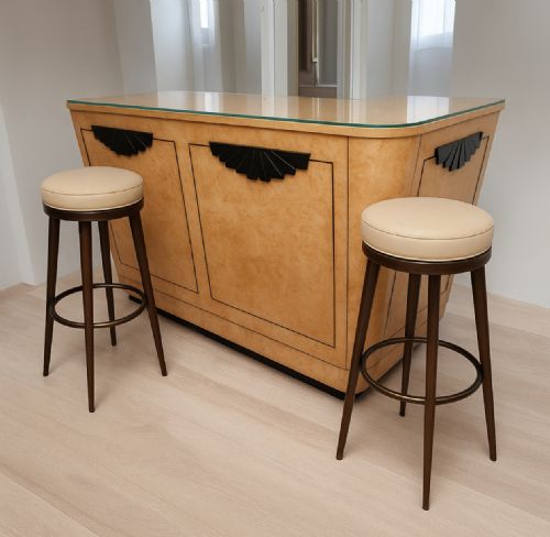 LARGE ART DECO BLONDE MAPLE BLACK LACQUER COCKTAIL BAR BY HL EPSTEIN CIRCA 1920S WITH ORIGINAL GLASS TOP - ADDITIONAL PHOTO 19