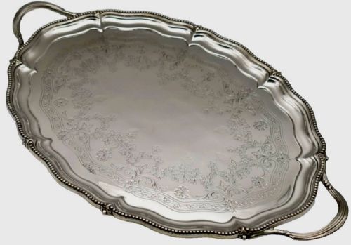 A LARGE SCALLOPED OVAL SOLID SILVER ENGRAVED SERVING TRAY WALKER HALL SHEFFIELD 1907 - ADDITIONAL PHOTO 1