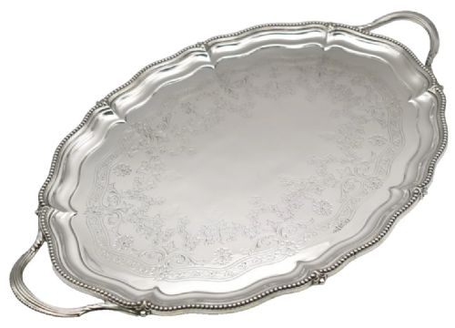 A LARGE SCALLOPED OVAL SOLID SILVER ENGRAVED SERVING TRAY WALKER HALL SHEFFIELD 1907 - ADDITIONAL PHOTO 3