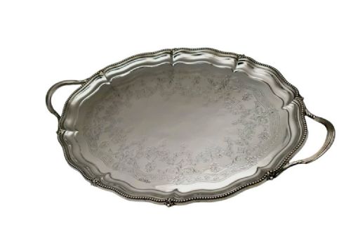 A LARGE SCALLOPED OVAL SOLID SILVER ENGRAVED SERVING TRAY WALKER HALL SHEFFIELD 1907 - ADDITIONAL PHOTO 6