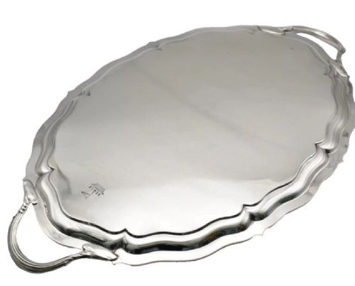 A LARGE SCALLOPED OVAL SOLID SILVER ENGRAVED SERVING TRAY WALKER HALL SHEFFIELD 1907 - ADDITIONAL PHOTO 8