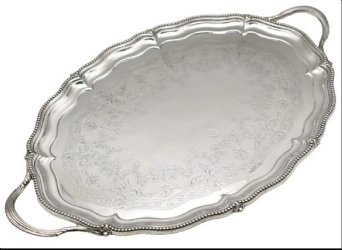 A LARGE SCALLOPED OVAL SOLID SILVER ENGRAVED SERVING TRAY WALKER HALL SHEFFIELD 1907 - ADDITIONAL PHOTO 9