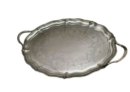 A LARGE SCALLOPED OVAL SOLID SILVER ENGRAVED SERVING TRAY WALKER HALL SHEFFIELD 1907 - ADDITIONAL PHOTO 10