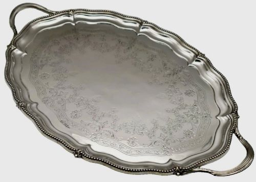 A LARGE SCALLOPED OVAL SOLID SILVER ENGRAVED SERVING TRAY WALKER HALL SHEFFIELD 1907 - ADDITIONAL PHOTO 11