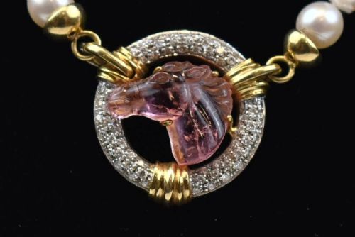A VINTAGE CHAUMET PEARL NECKLACE W DIAMONDS CARVED TOURMALINE HORSES HEAD - ADDITIONAL PHOTO 1