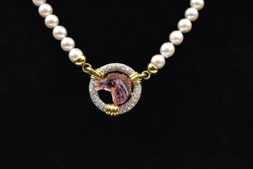 A VINTAGE CHAUMET PEARL NECKLACE W DIAMONDS CARVED TOURMALINE HORSES HEAD - ADDITIONAL PHOTO 2