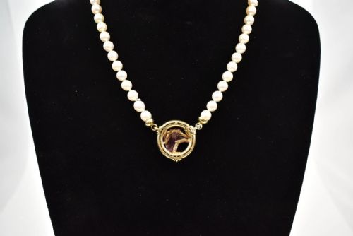 A VINTAGE CHAUMET PEARL NECKLACE W DIAMONDS CARVED TOURMALINE HORSES HEAD - ADDITIONAL PHOTO 6