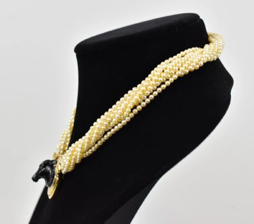 CHAUMET PEARL CHOKER NECKLACE CARVED CAMEO BLACK ONYX HORSE HEAD DIAMOND HALO - ADDITIONAL PHOTO 1
