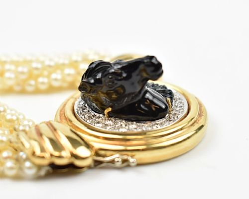 CHAUMET PEARL CHOKER NECKLACE CARVED CAMEO BLACK ONYX HORSE HEAD DIAMOND HALO - ADDITIONAL PHOTO 6