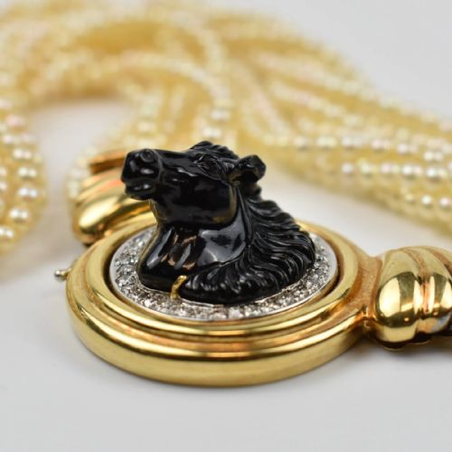CHAUMET PEARL CHOKER NECKLACE CARVED CAMEO BLACK ONYX HORSE HEAD DIAMOND HALO - ADDITIONAL PHOTO 7