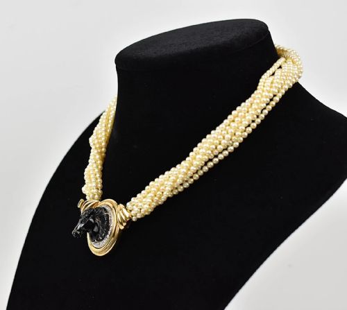 CHAUMET PEARL CHOKER NECKLACE CARVED CAMEO BLACK ONYX HORSE HEAD DIAMOND HALO - ADDITIONAL PHOTO 9