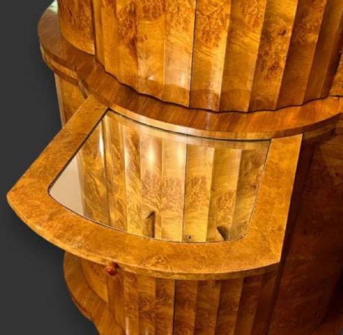 ART DECO HL EPSTEIN BLONDE BURR WALNUT SEMI CIRCULAR FLUTED COCKTAIL CABINET - ADDITIONAL PHOTO 7