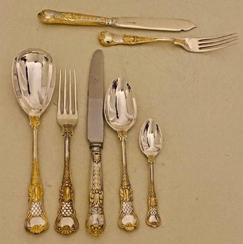 CJ VANDER PARCEL GILT SOLID SILVER COBURG PATTERN 78 PC 12 PLACE CANTEEN CUTLERY - ADDITIONAL PHOTO 1