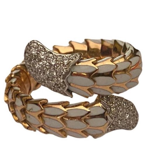 roberto coin 18ct rose gold white enamel and diamond 'cobra' snake ring - CATEGORY: ANTIQUE  - DATED 1960