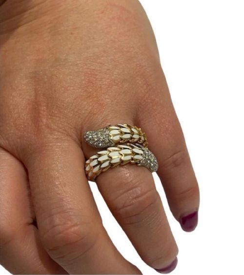 ROBERTO COIN 18CT ROSE GOLD WHITE ENAMEL AND DIAMOND 'COBRA' SNAKE RING - ADDITIONAL PHOTO 1