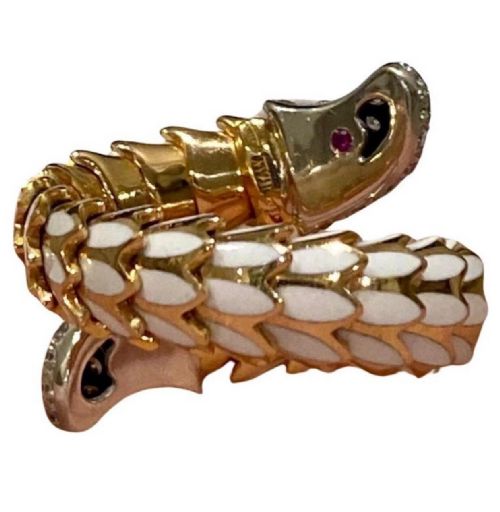 ROBERTO COIN 18CT ROSE GOLD WHITE ENAMEL AND DIAMOND 'COBRA' SNAKE RING - ADDITIONAL PHOTO 13