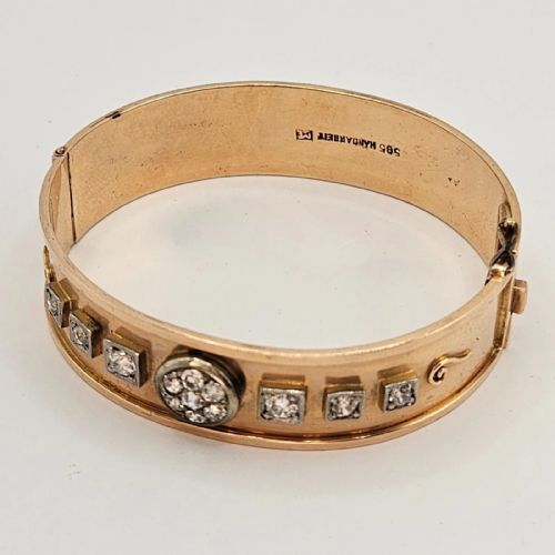 A SUPERB QUALITY ANTIQUE GERMAN 14K GOLD 120 CARAT DIAMOND BANGLE BRACELET - ADDITIONAL PHOTO 2