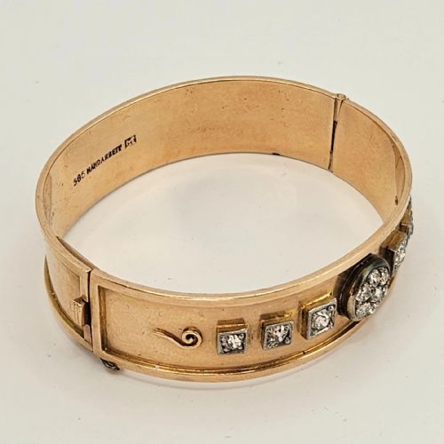 A SUPERB QUALITY ANTIQUE GERMAN 14K GOLD 120 CARAT DIAMOND BANGLE BRACELET - ADDITIONAL PHOTO 5