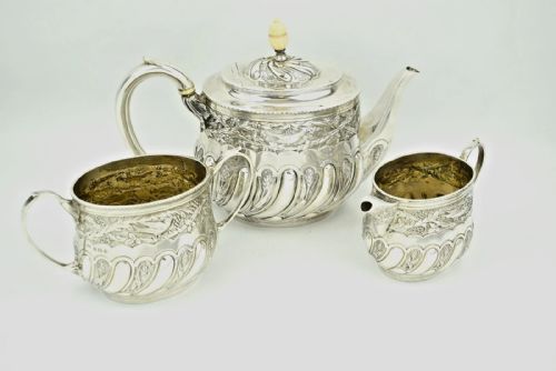 stylish art nouveau solid silver 3 piece tea set birmingham 1924 fs - CATEGORY: ANTIQUE SILVER - DATED EDWARDIAN
