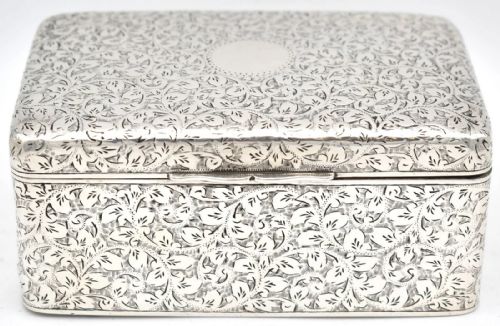 EDWARDIAN SILVER ENGRAVED FLORAL SCROLLS CIGARETTE BOX BY A J ZIMMERMAN LTD