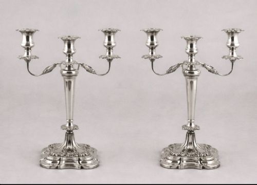 LARGE PAIR OF VINTAGE STERLING SILVER THREELIGHT CANDELABRAS