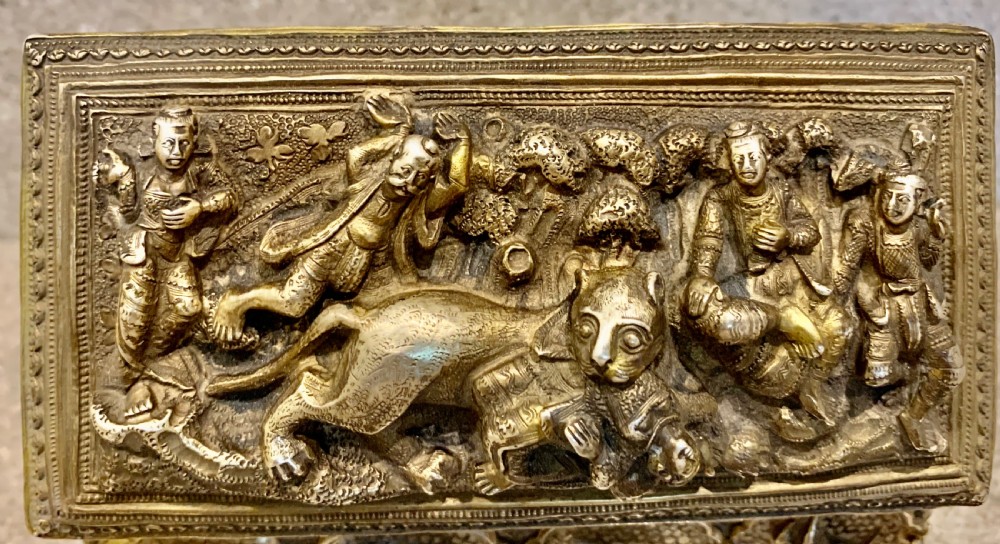 Superb Solid Silver Gilt Burmese High Relief Ceremonial Box C.1870 View III