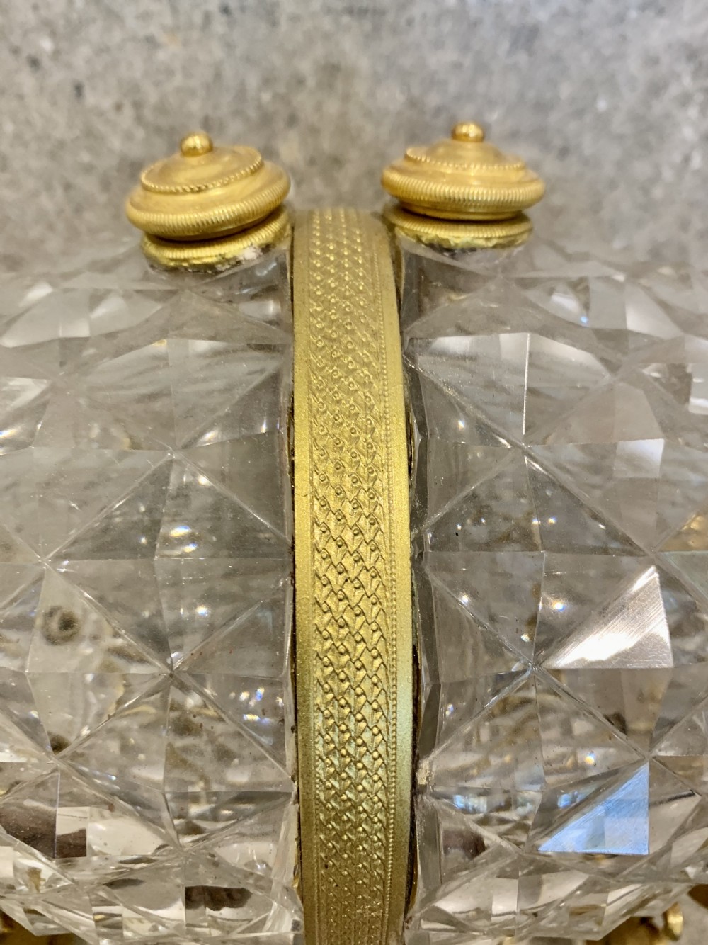 A French Charles X cut crystal glass barrel with gilt bronze swan-form mounts and an integrated tap set on a clear glass base. View XIII