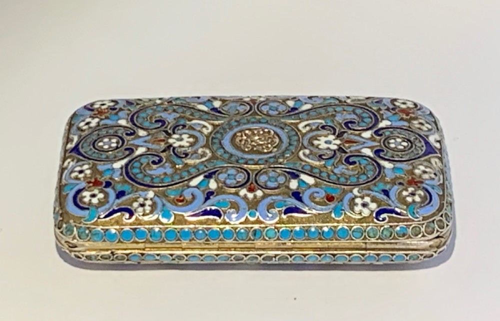 A rectangular silver-gilt box decorated with blue, white, and turquoise cloisonne enamel scroll motifs. View III