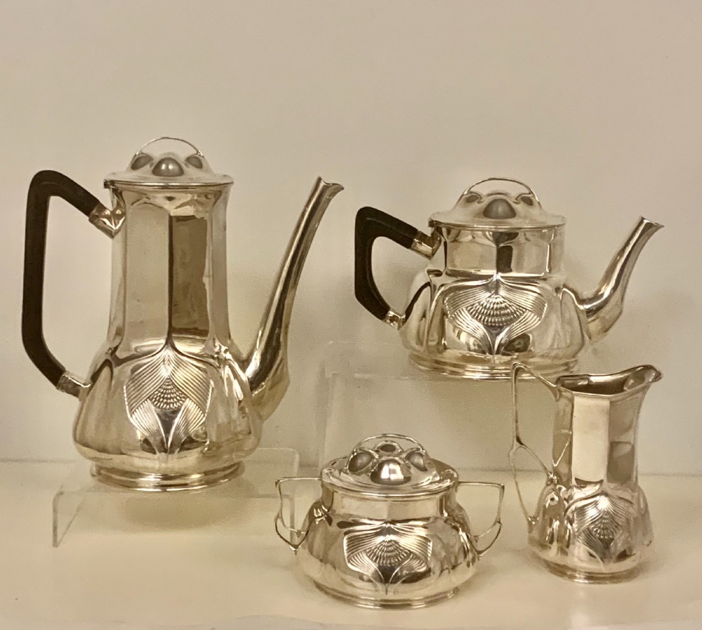 Rare Superb Orivit Sterling Silver Art Nouveau Coffee and Tea Service, Cologne, Germany,  View II