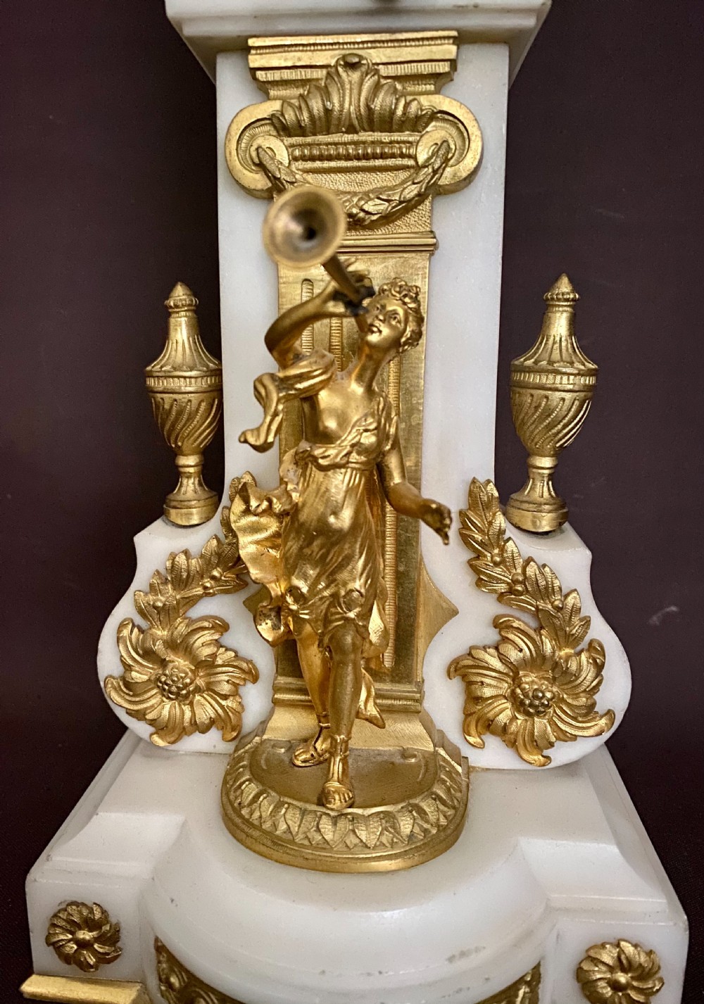 Antique French white marble, patinated bronze and ormolu globe clock. View VI