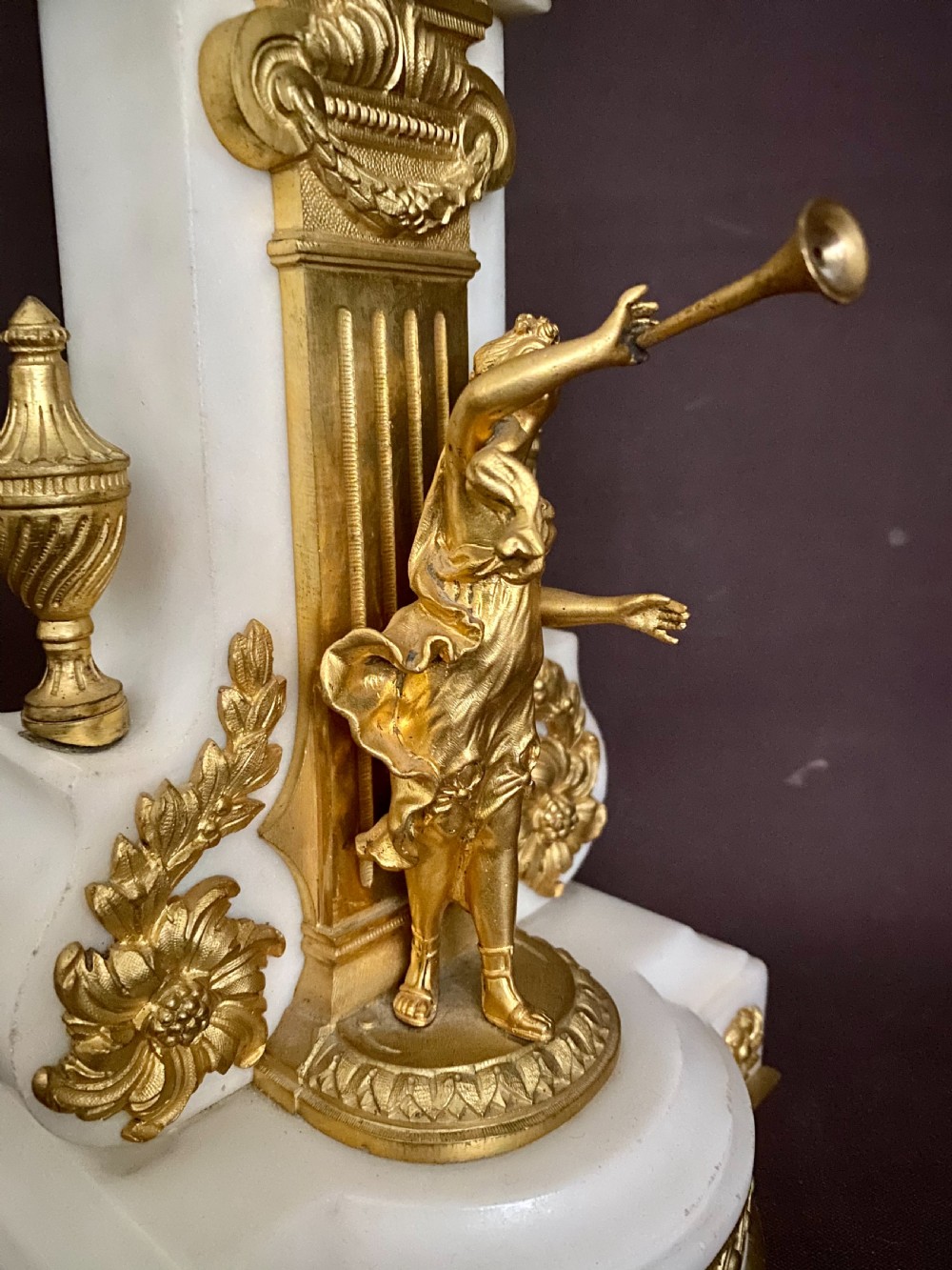 Antique French white marble, patinated bronze and ormolu globe clock. View VIII