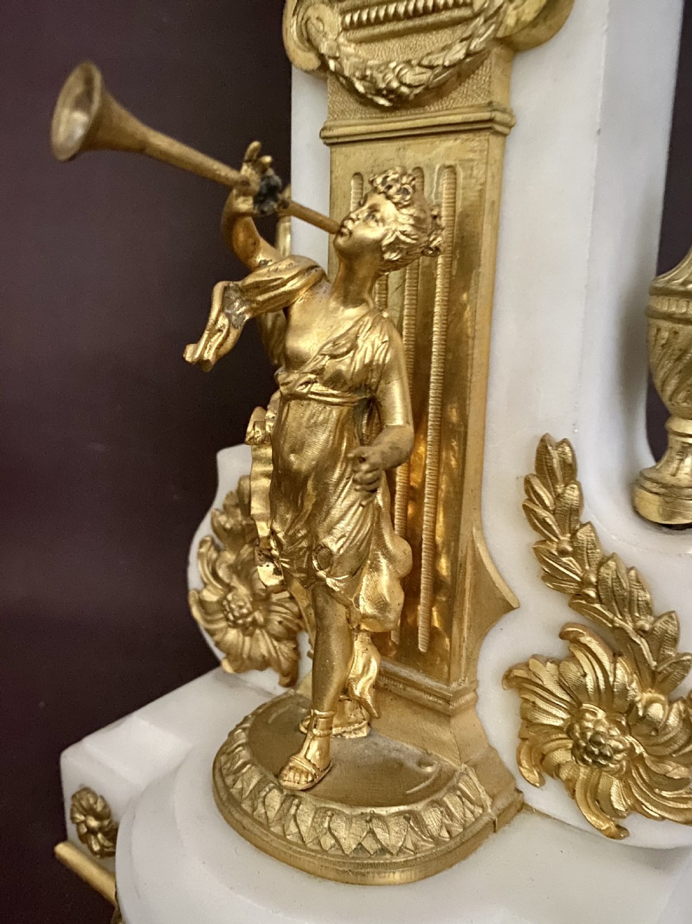 Antique French white marble, patinated bronze and ormolu globe clock. View IX