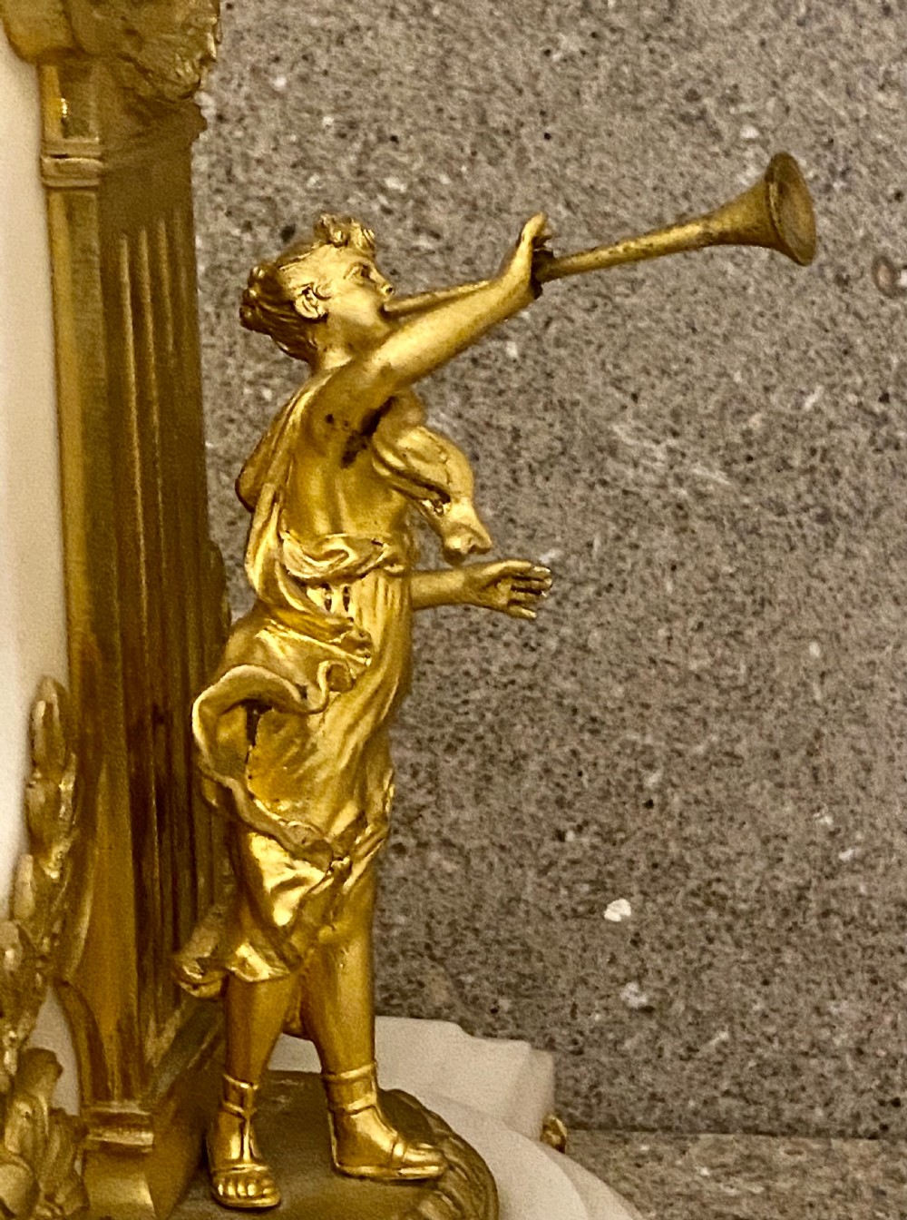 Antique French white marble, patinated bronze and ormolu globe clock. View XIII
