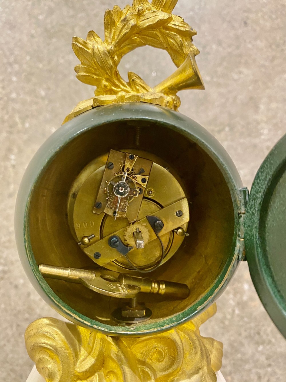 Antique French white marble, patinated bronze and ormolu globe clock. View XXIII
