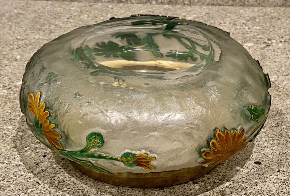 An Art Nouveau green cameo glass bowl featuring etched yellow floral enamelling and a chased silver cover. View XIII