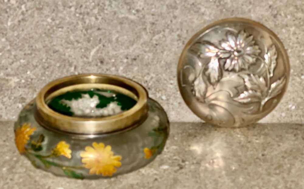 An Art Nouveau green cameo glass bowl featuring etched yellow floral enamelling and a chased silver cover. View XIV