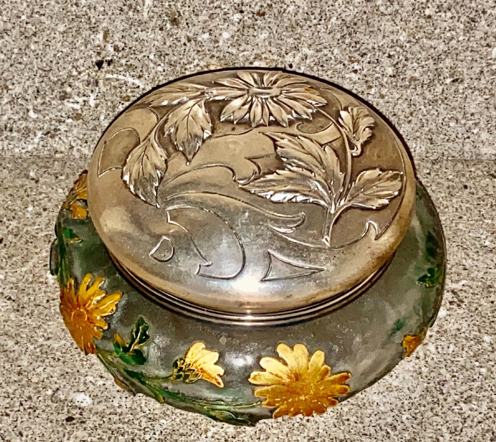 An Art Nouveau green cameo glass bowl featuring etched yellow floral enamelling and a chased silver cover. View XVII